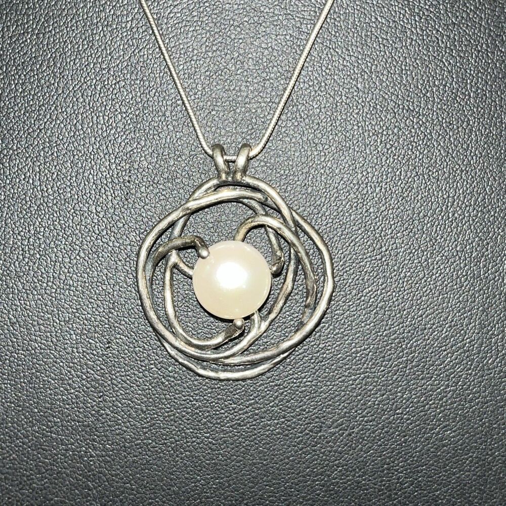 925 Israel Noa Zuman Pearl Spiral Pendant 18 inch Necklace 12 grams b